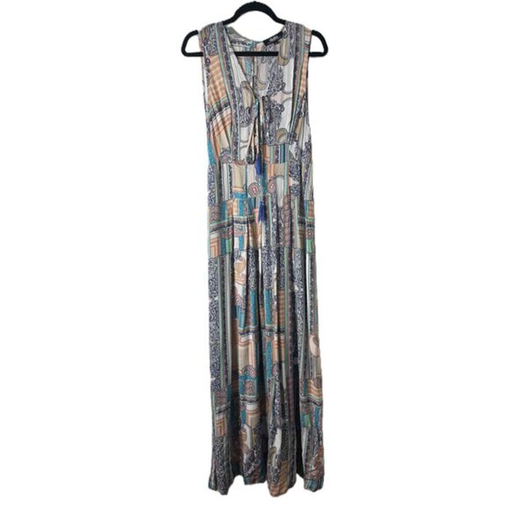 Lulu’s Dress Womens Size Large Multicolor Maxi Sleeveless Patterned Tie Neck